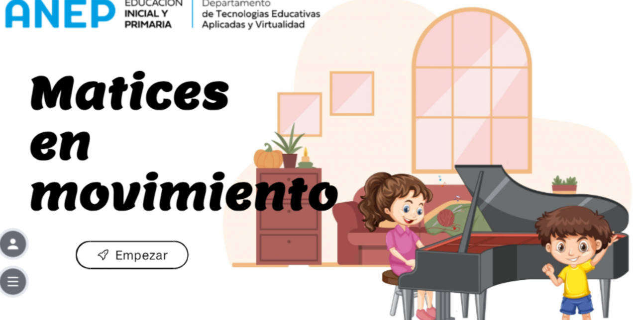 Portada de juego en Genially. Caricatura de dos niños con un piano