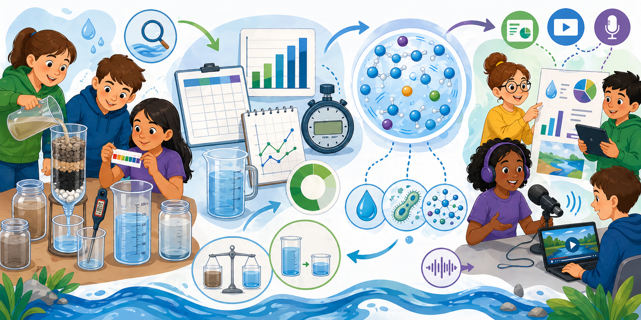 Niños y niñas investigando sobre la filtración del agua, midiendo la turbidez del agua, haciendo gráficos y comunicando lo aprendido.