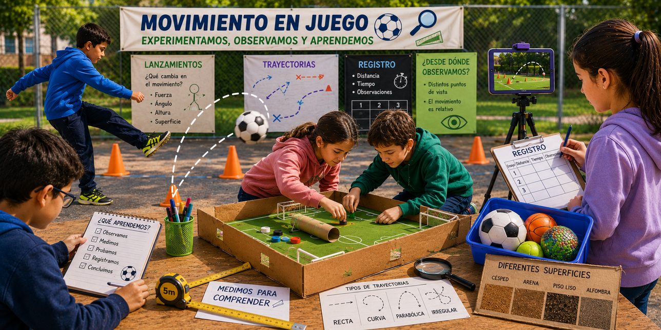 Niños experimentando: lanzamientos, construcción de mini canchas, mediciones, observación de trayectorias. Generada por IA