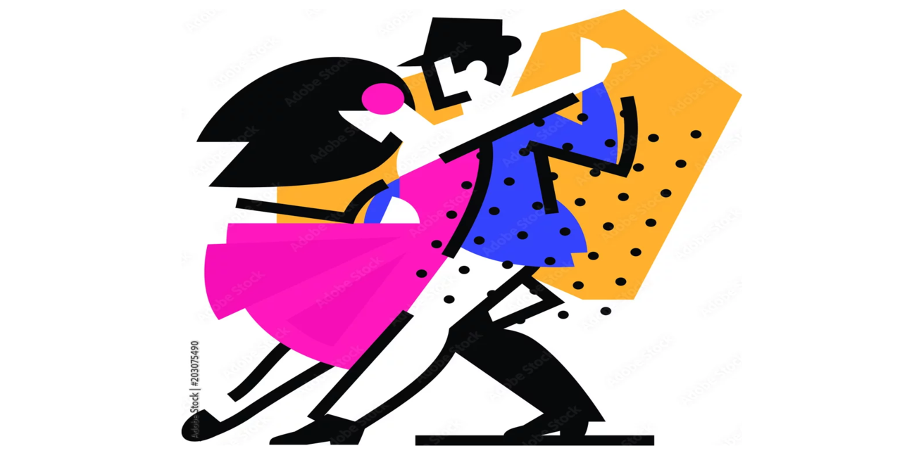 Es una pareja bailando tango formada por figuras geométricas.