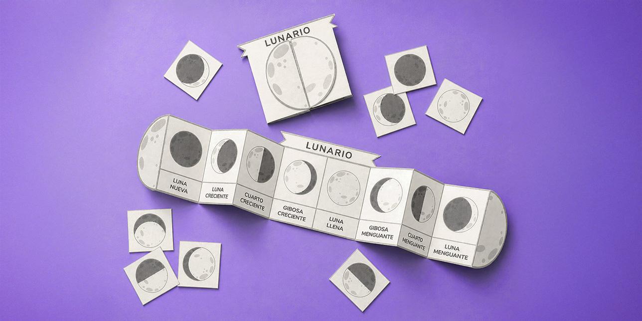 Recurso imprimible “Lunario” utilizado como sistema de recompensas dentro de la propuesta ludificada. El material presenta las distintas fases de la Luna en formato desplegable tipo acordeón, acompañado de fichas móviles correspondientes a cada fase lunar.