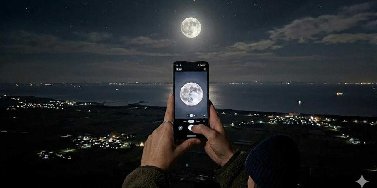Una persona fotografía la Luna llena con su celular desde una vista nocturna elevada, con la ciudad iluminada y el cielo estrellado de fondo.