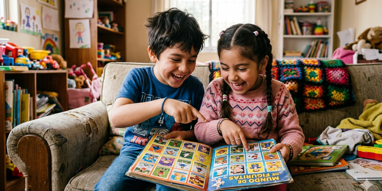 Una niña y un niño sentados en un sofá sonriendo y mirando un álbum de figuritas abierto. 