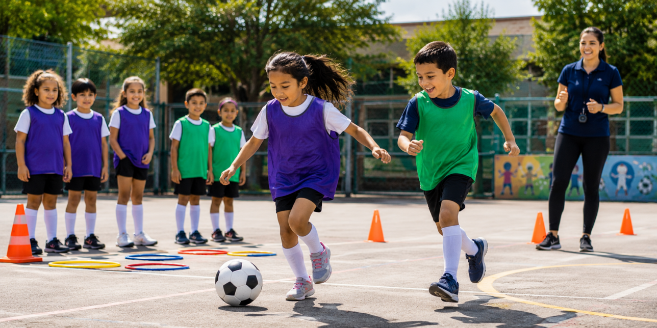 Grupo diverso de niños y niñas pequeños jugando al fútbol mixto en una cancha escolar. Una niña conduce la pelota mientras un niño corre a su lado animándola. Otros niños esperan junto a conos y aros, mientras una docente observa la actividad en un ambiente inclusivo y colaborativo.