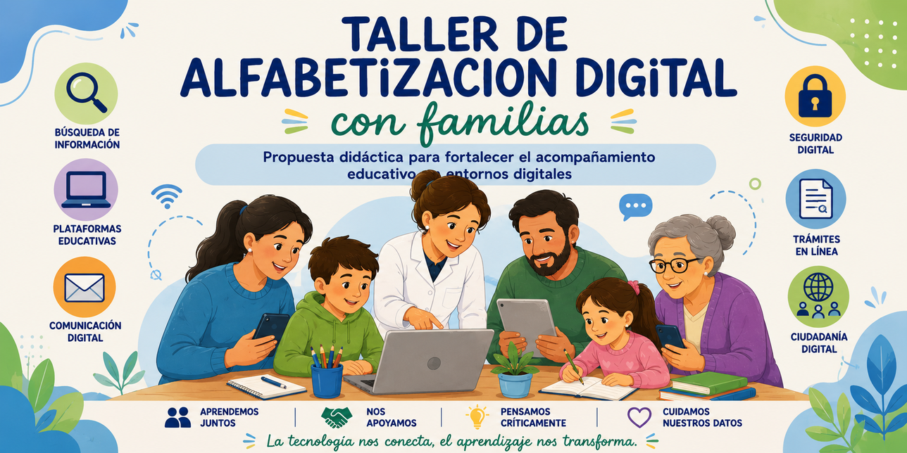 Maestra con familias alrededor enseñando a usar computadoras y tablets.