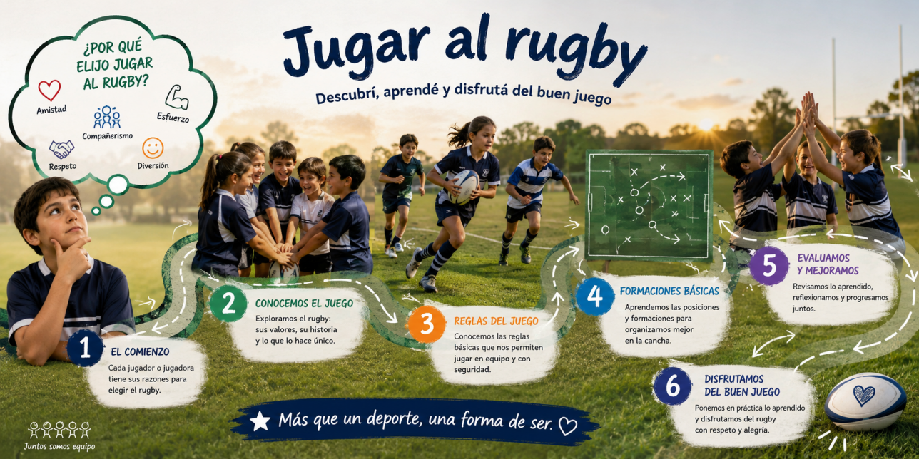 Infografía educativa sobre rugby para niños y niñas, que muestra un recorrido visual desde las motivaciones para jugar, el aprendizaje de reglas y formaciones básicas, hasta la evaluación y el disfrute del juego en equipo.