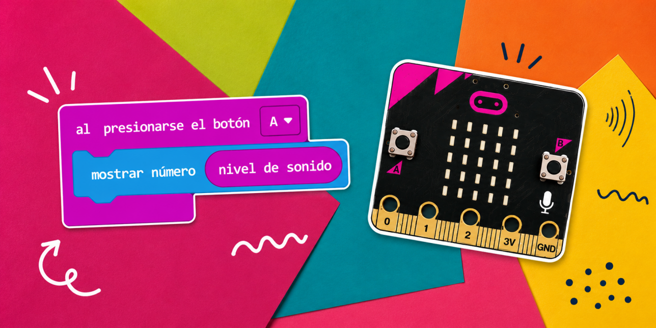 Captura de un programa en bloques de MakeCode para micro:bit. Al presionar el botón A, la placa muestra en la pantalla el valor numérico correspondiente al nivel de sonido detectado por el micrófono.