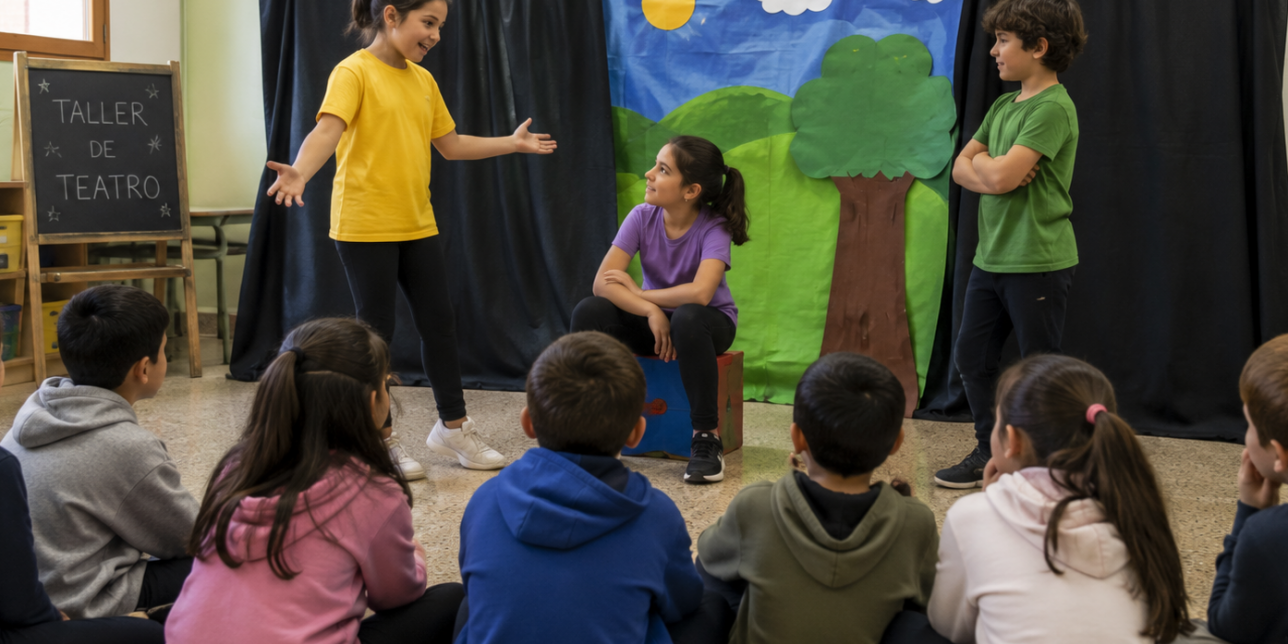 Niños y niñas en un escenario escolar interpretando una obra teatral